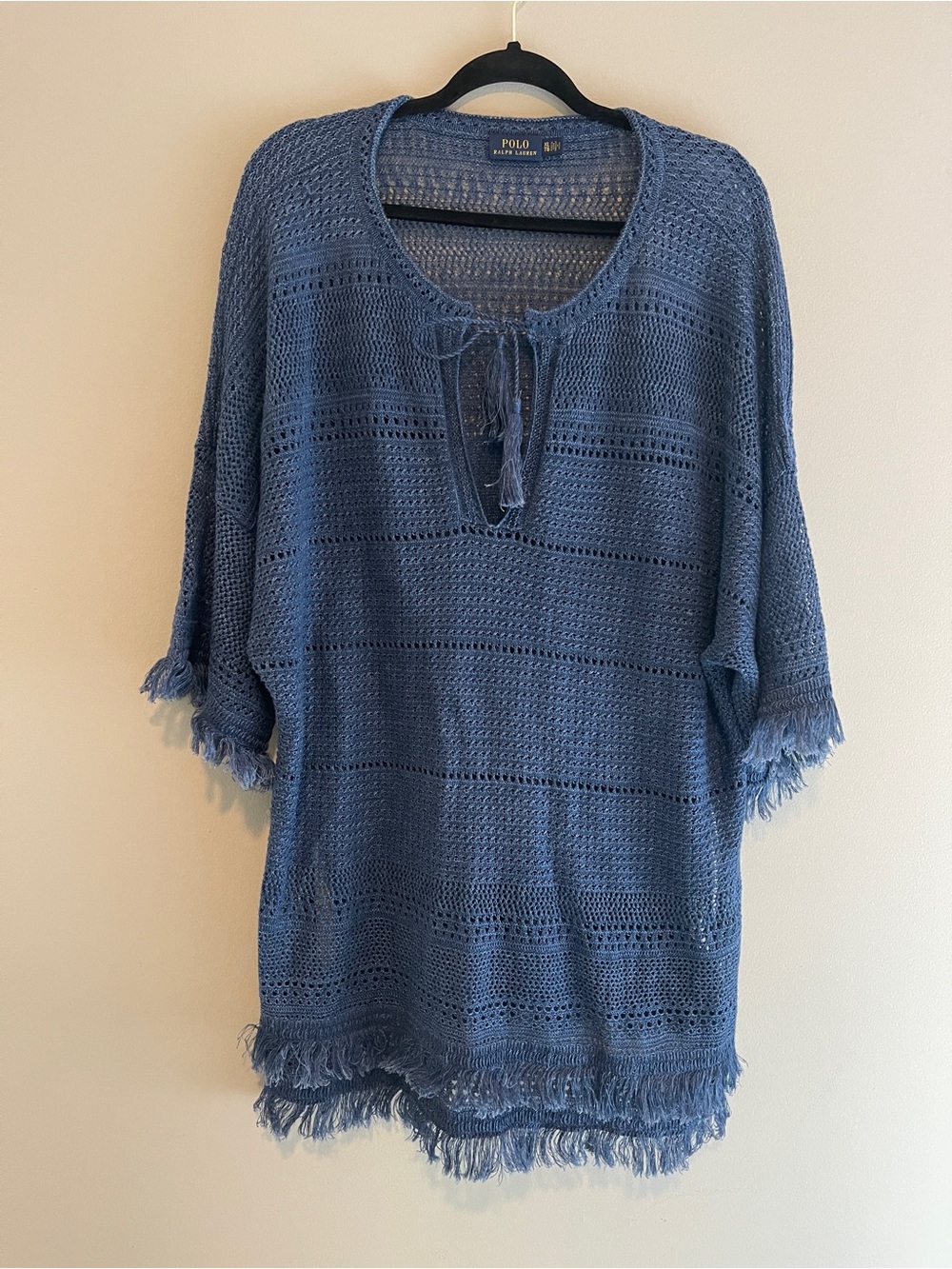 Polo Ralph Lauren fringed Blue 100% Linen Woven Tunic Top Swim Coverup Size XL